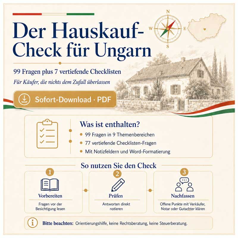 Produktbild Der Hauskauf-Check für Ungarn mit 99 Fragen, 77 vertiefenden Checklisten-Fragen und Sofort-Download als pdf für Käufer von Immobilien in Ungarn.