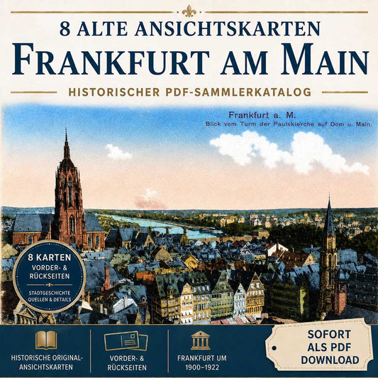 Sammlerkatalog „8 alte Ansichtskarten von Frankfurt am Main“ mit historischer Frankfurt-Ansichtskarte, großem Titel und Hinweis auf Vorder- und Rückseiten, Stadtgeschichte und Sofort-Download.