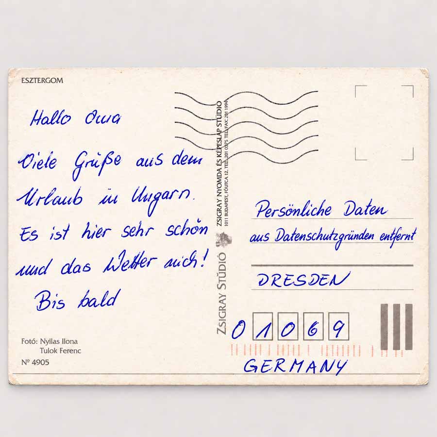 Ate Ansichtskarte Historische Postkarte Esztergom Rückseite mit Poststempel, handschriftlichem Gruß und Datenschutz-Hinweis