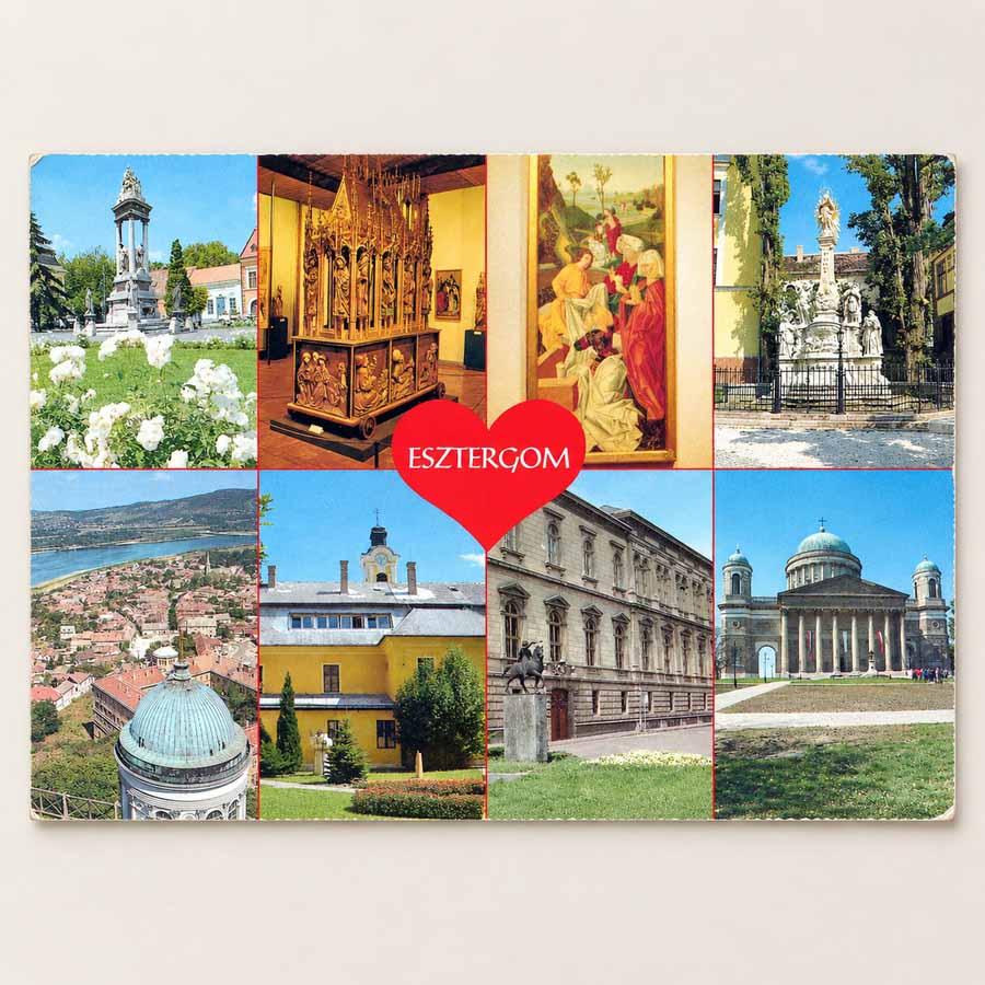 Historische Postkarte Esztergom mit Basilika, Stadtansichten, Denkmälern und rotem Herzmotiv