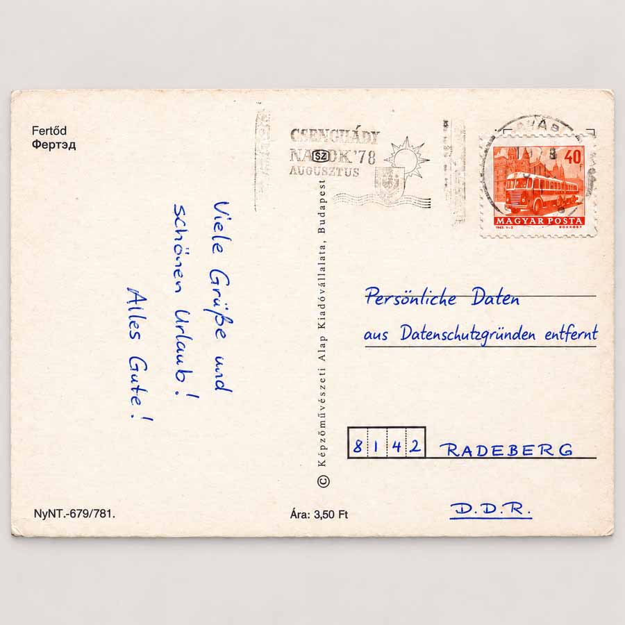 Historische Postkarte Fertőd Rückseite mit Briefmarke, Poststempel und Datenschutz-Hinweis