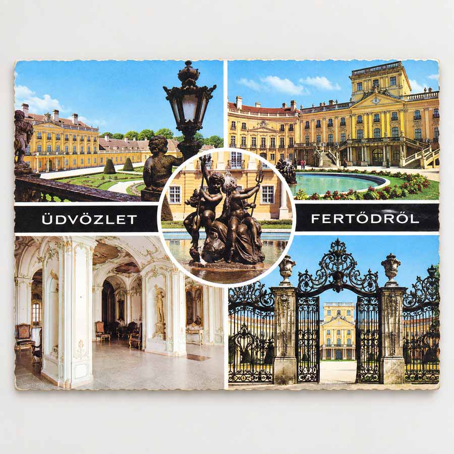 Historische Postkarte Fertőd mit Schloss Esterházy, Gartenanlagen, Innenräumen und Schlossportal