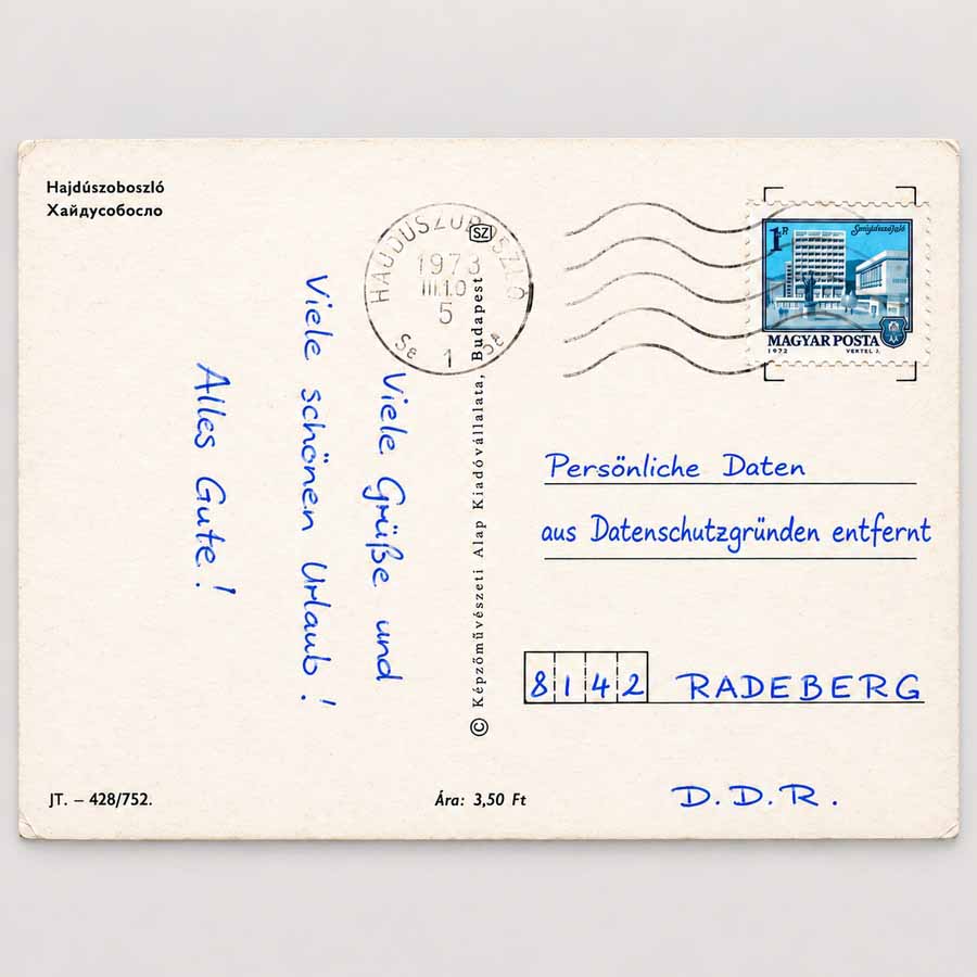 Alte Postkarte Hajdúszoboszló Rückseite mit Briefmarke, Poststempel und Datenschutz-Hinweis