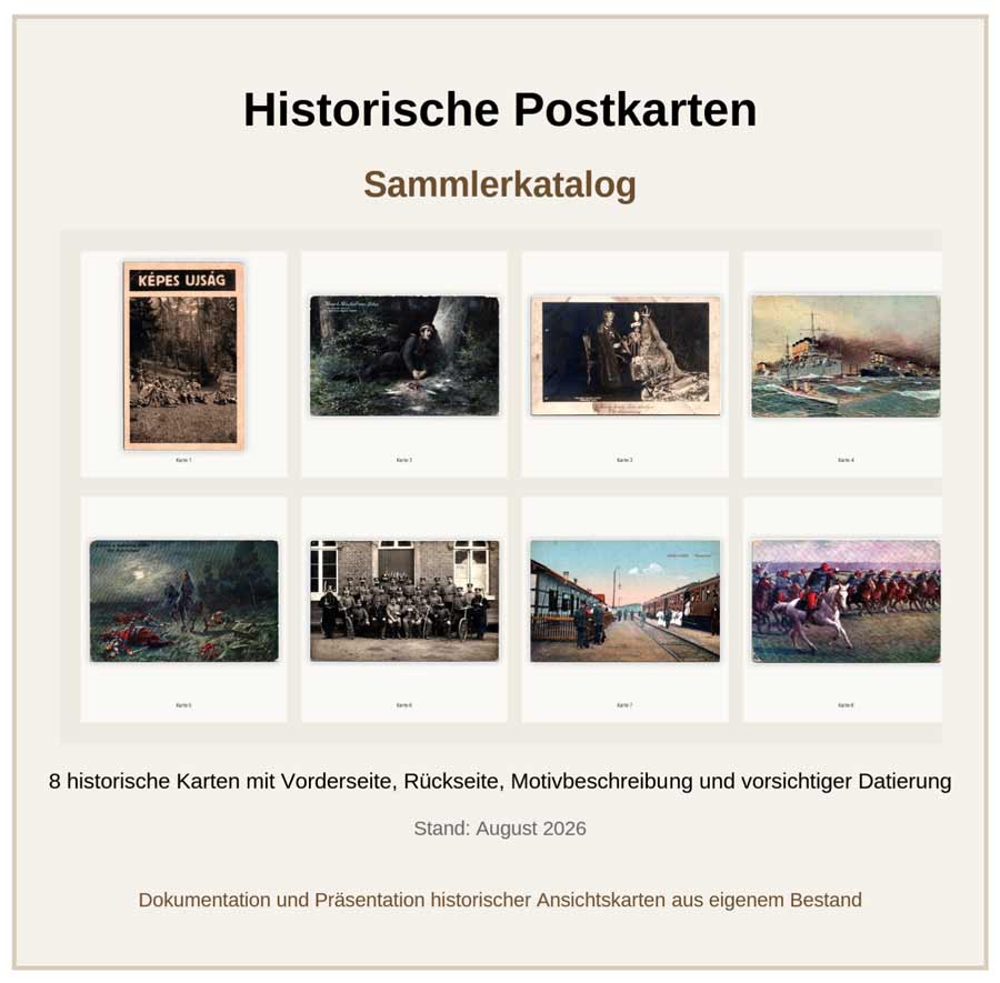 Cover des Sammlerkatalogs mit acht historischen Postkarten zu Militär, Monarchie, Eisenbahn und Zeitgeschichte.