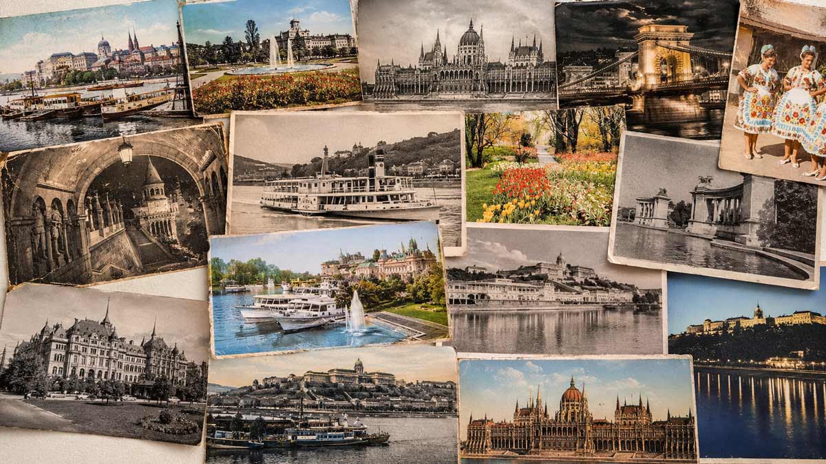 Historische Ansichtskarten Ungarn: hochwertige Sammlung alter ungarischer Postkarten mit Budapest, Donau, Kettenbrücke, historischen Gebäuden, Parks, Schiffen und traditioneller Tracht.