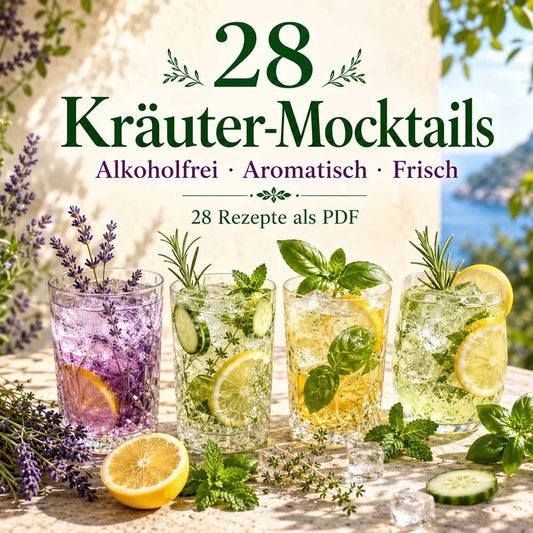 Kräuter Cocktails ohne Alkohol – quadratisches Produktbild mit einem frischen Mocktail aus Zitrone, Kräutern und Eis als PDF-Rezeptbuch