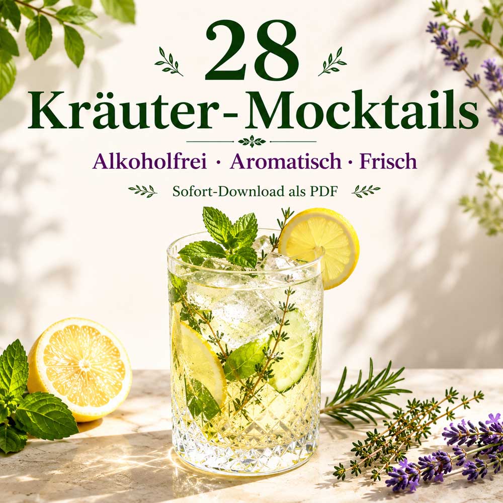 Kräuter Cocktails ohne Alkohol – quadratisches Produktbild mit vier aromatischen Mocktails, Lavendel, Basilikum, Rosmarin und Zitrone