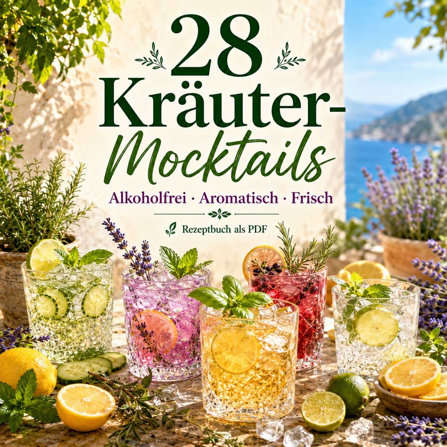 Kräuter Cocktails ohne Alkohol – quadratisches Produktbild zum Rezeptbuch mit mehreren frischen Mocktails, Kräutern, Zitrusfrüchten und mediterraner Stimmung