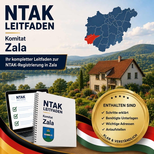 NTAK Leitfaden Komitat Zala für Vermieter in Ungarn mit Komitatskarte, Haus am See, Leitfaden, Laptop und Siegel mit enthaltenen Schritten, Unterlagen, Adressen und Anlaufstellen