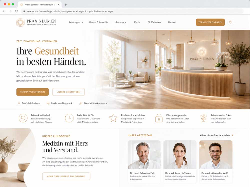 Modernes Onepager-Mockup für Arztpraxis und Privatmedizin mit heller Praxisgestaltung und vertrauensvollem Webdesign 