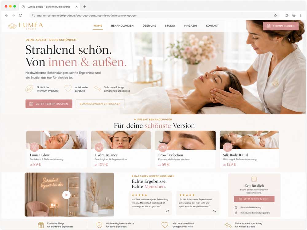 Elegantes Onepager-Mockup für Beauty und Kosmetikstudio mit Behandlungsübersicht und Terminbuchung 