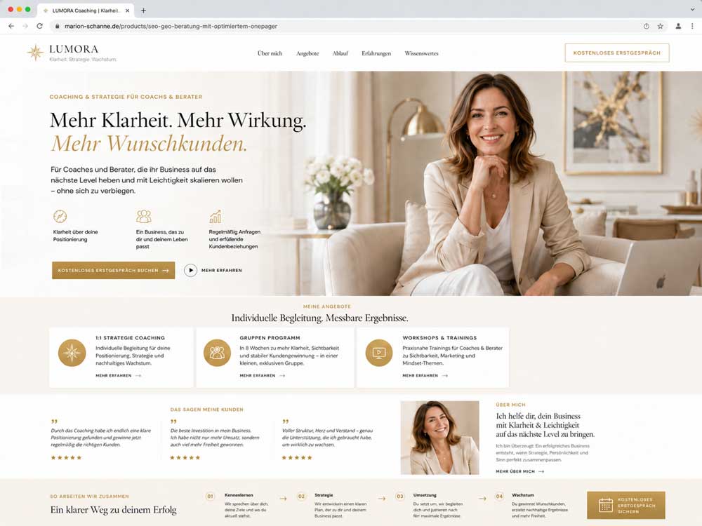 Freundliches Onepager-Mockup für Coaching und Beratung mit klarer Positionierung und hochwertigem Onlineauftritt 