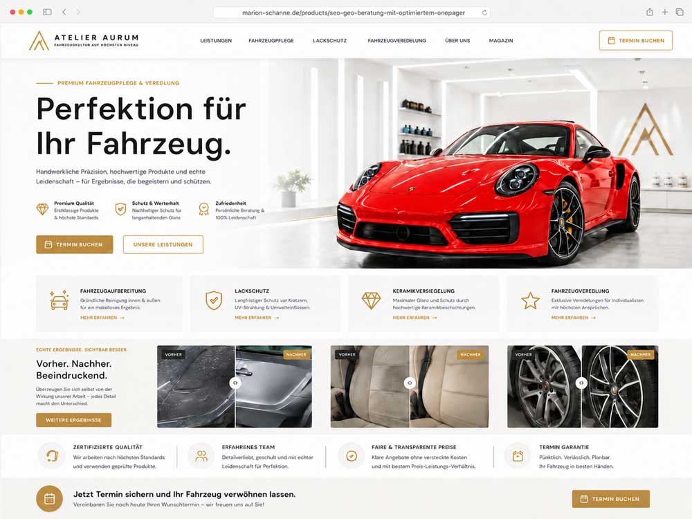 Modernes Onepager-Mockup für Fahrzeugpflege und Autoaufbereitung mit Premium-Design und Terminbuchung 