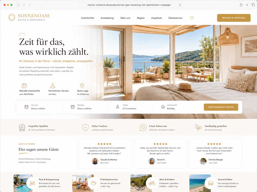 Helles Onepager-Mockup für Ferienwohnungen und Apartments mit Buchungsbereich, Meerblick und professionellem Webdesign 