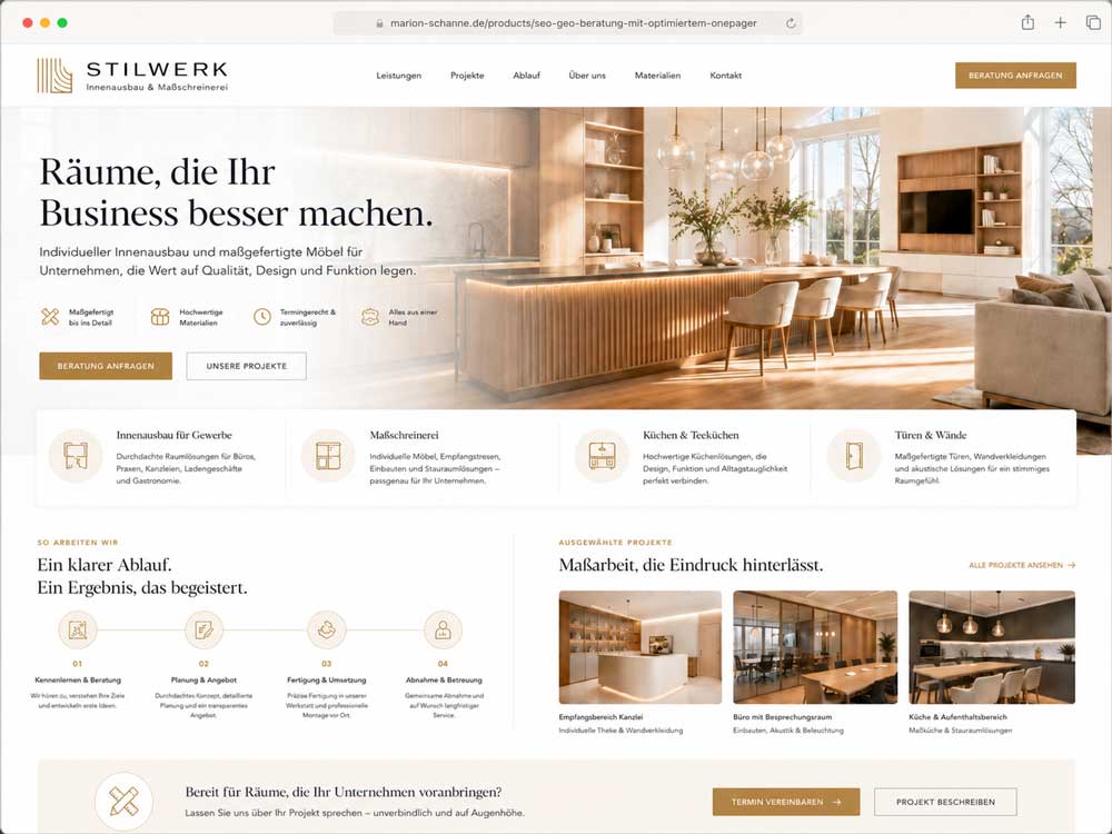 Modernes Onepager-Mockup für Handwerk und Innenausbau mit hochwertigem Webdesign und Browserzeile marion-schanne.de