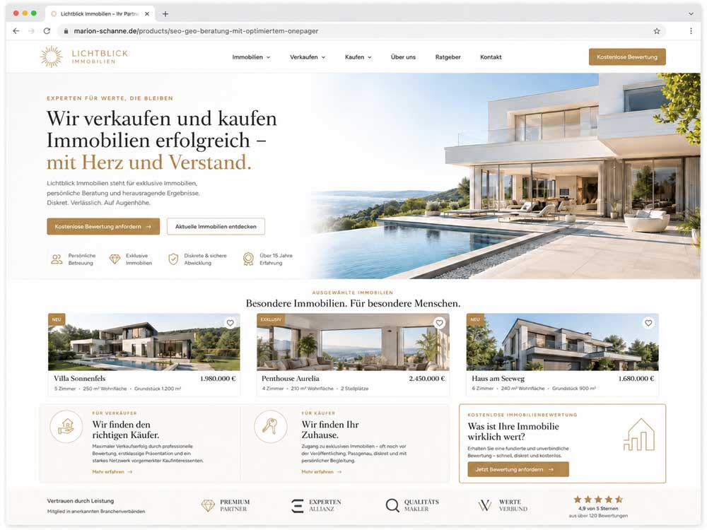 Hochwertiges Onepager-Mockup für Immobilienmakler und Immobilienverkauf mit moderner Immobilienpräsentation