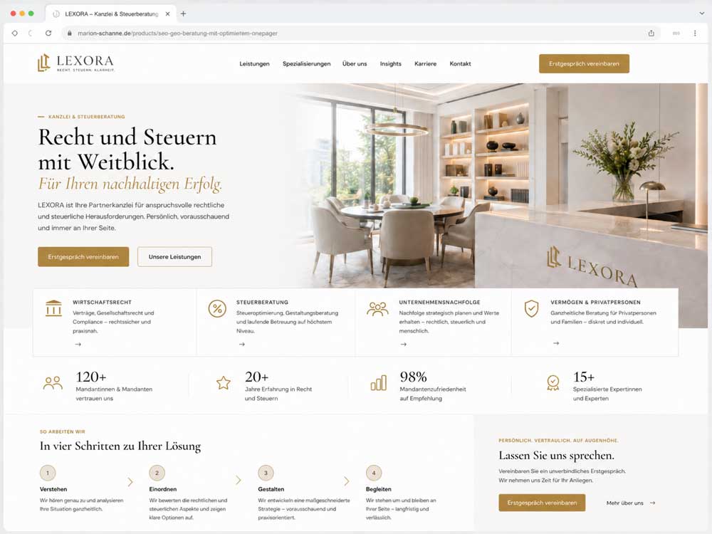 Professionelles Onepager-Mockup für Kanzlei und Steuerberatung mit klarem Leistungsangebot und seriösem Webdesign 