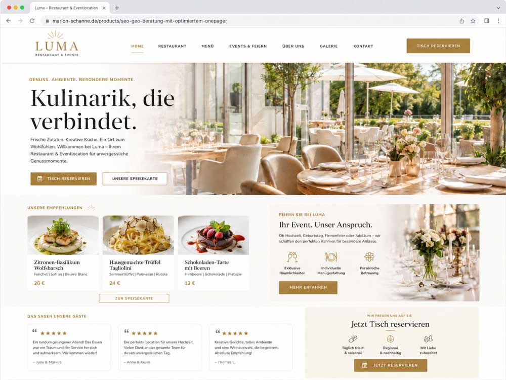 Helles Onepager-Mockup für Restaurant und Eventlocation mit Reservierung, Speisekarte und stilvollem Ambiente 