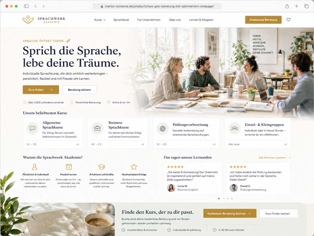 Freundliches Onepager-Mockup für Sprachschule und Akademie mit Kursübersicht, Beratung und modernem Webdesign 