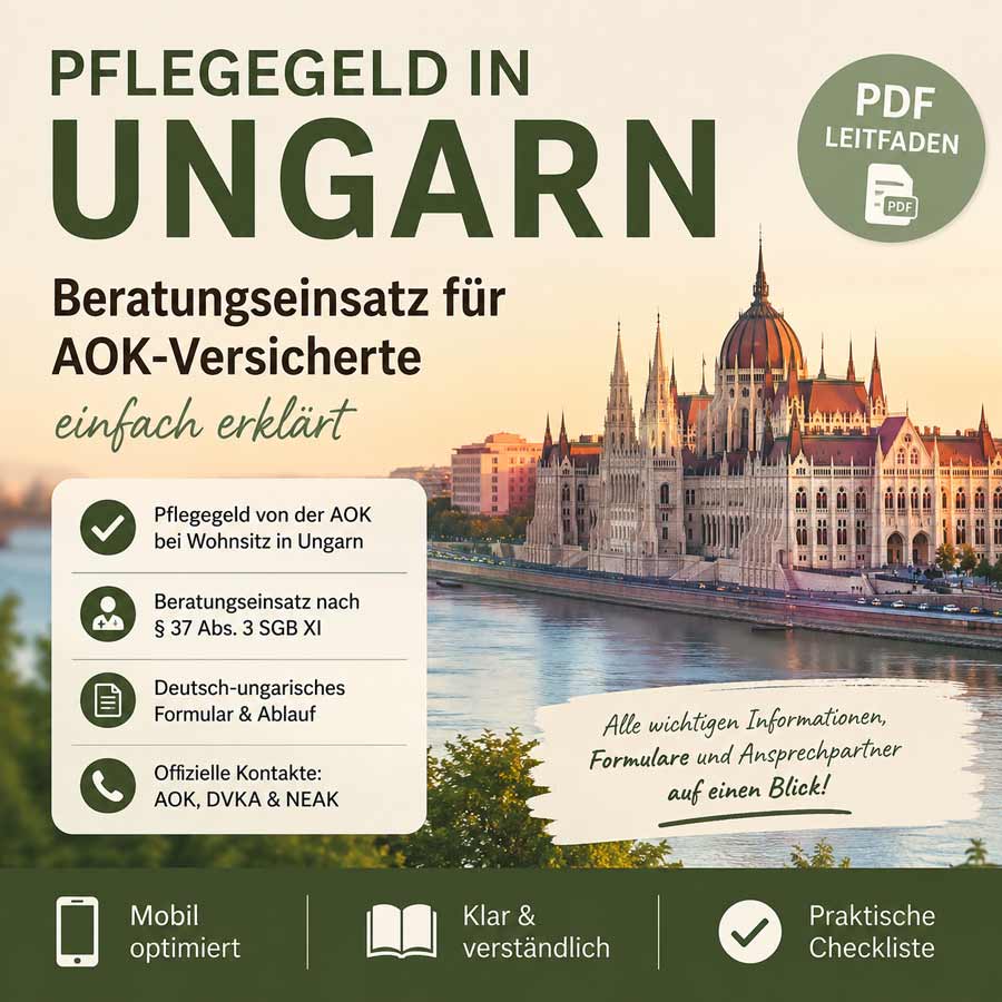 Pflegegeld in Ungarn – PDF-Leitfaden zum AOK-Beratungseinsatz nach § 37 SGB XI mit Formularen, Kontakten und Checkliste