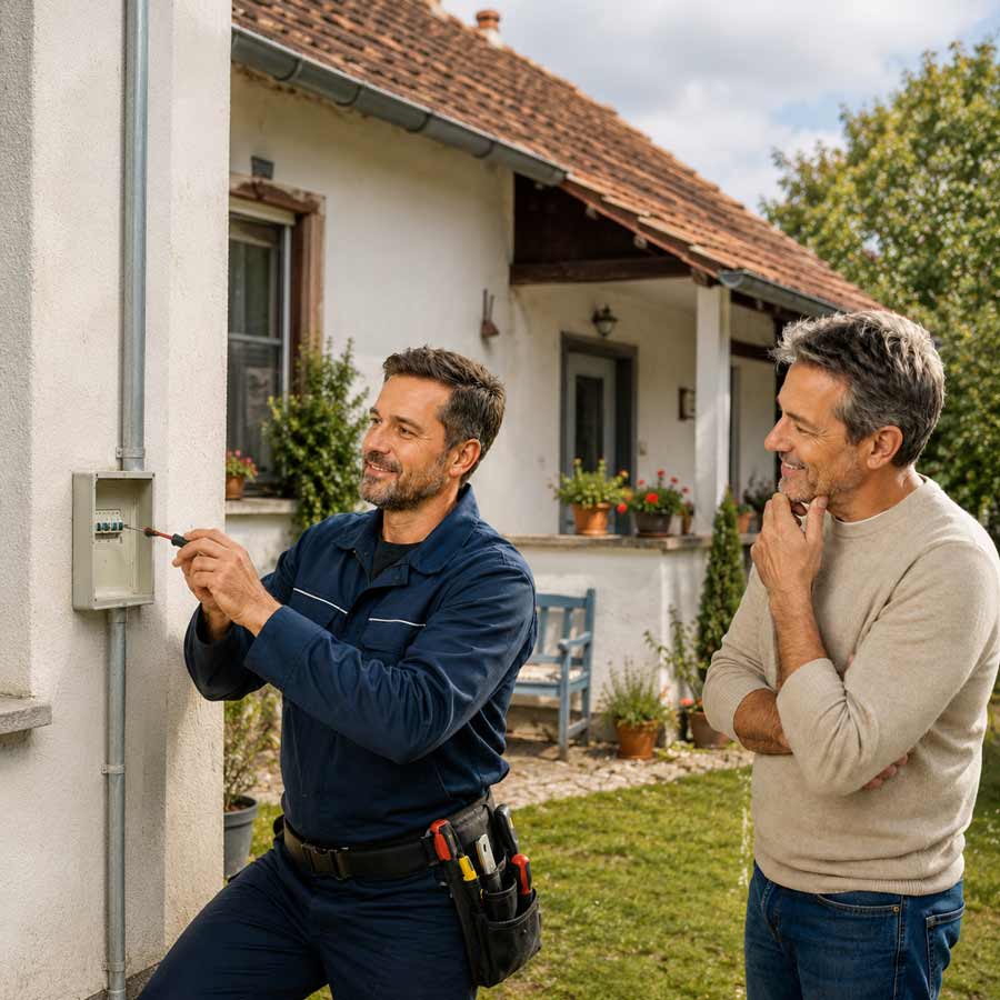 Registrierter Elektriker arbeitet an einem kleinen Außensicherungskasten eines ungarischen Hauses, während der erleichterte Hausbesitzer zusieht.