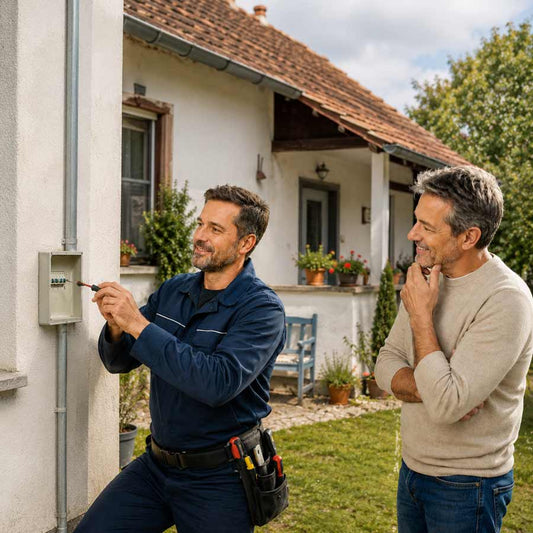 Registrierter Elektriker arbeitet an einem kleinen Außensicherungskasten eines ungarischen Hauses, während der erleichterte Hausbesitzer zusieht.