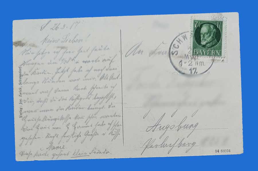 Rückseite einer historischen Ansichtskarte aus Schwandorf in der Oberpfalz mit handschriftlichem Text, bayerischer Briefmarke und Poststempel von 1917.
