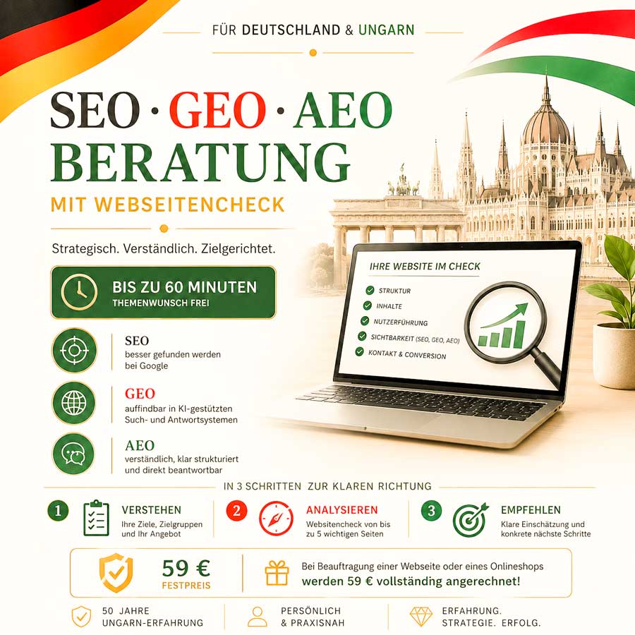 Produktbild für eine SEO-, GEO- und AEO-Beratung mit Webseitencheck, bis zu 60 Minuten für Kunden in Deutschland und Ungarn.
