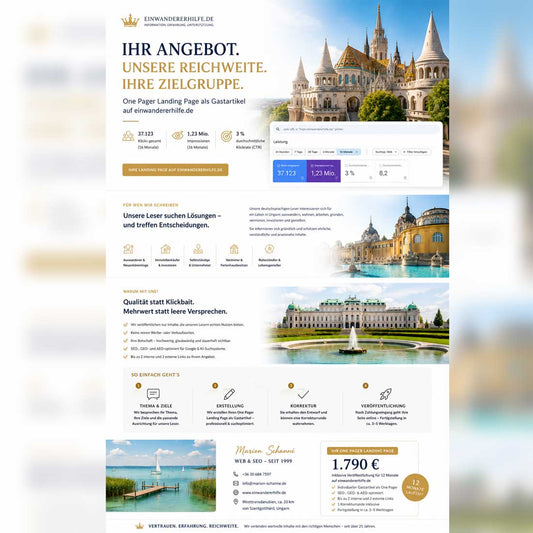 Angebot für eine SEO-, GEO- und AEO-optimierte Partner-Landingpage auf einwandererhilfe.de mit Zielgruppen, Leistungsübersicht, Reichweitendaten und Preis.