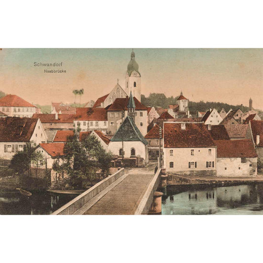 Historische Ansichtskarte von Schwandorf in der Oberpfalz mit Naabbrücke, Altstadt, Kirche und Häusern am Fluss. Vergleich mit SEO GEO  von früher