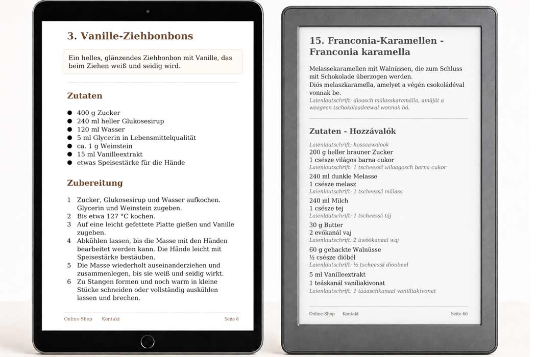 Szaloncukor Rezepte und Bonbon Rezepte auf Tablet und E-Reader – zwei lesbare Seiten aus Alte Originalrezepte für Szaloncukor und Bonbons.