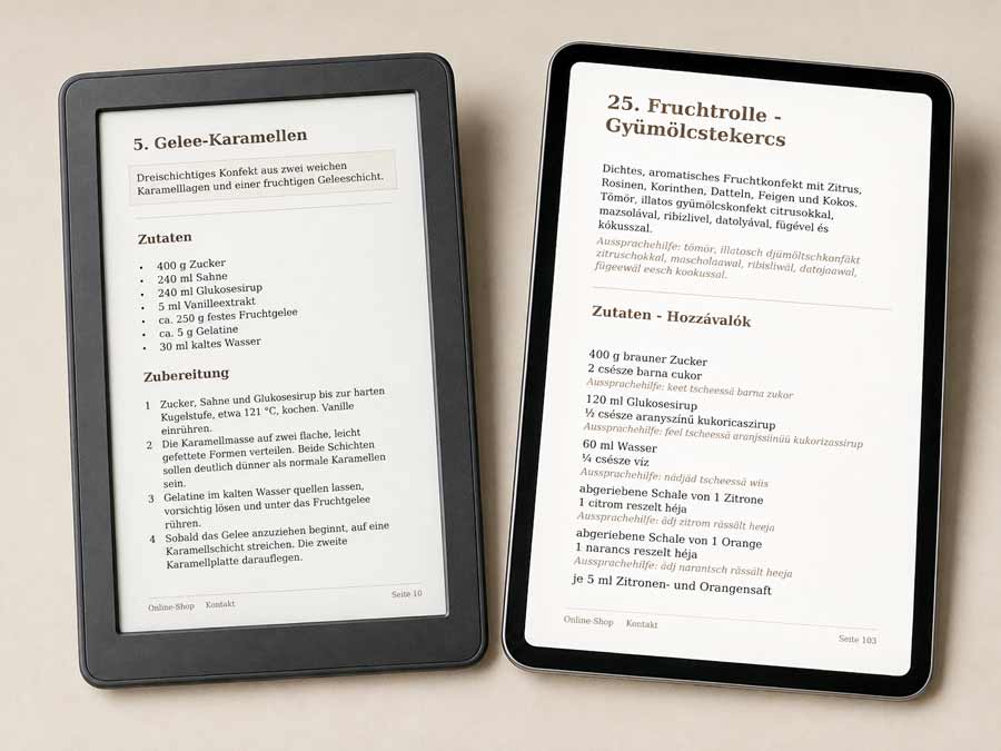 Historische Rezepte für Gelee-Karamellen und Fruchtrolle aus dem Szaloncukor-Rezeptbuch auf E-Reader und Tablet, mit Deutsch, Ungarisch und Aussprachehilfe.