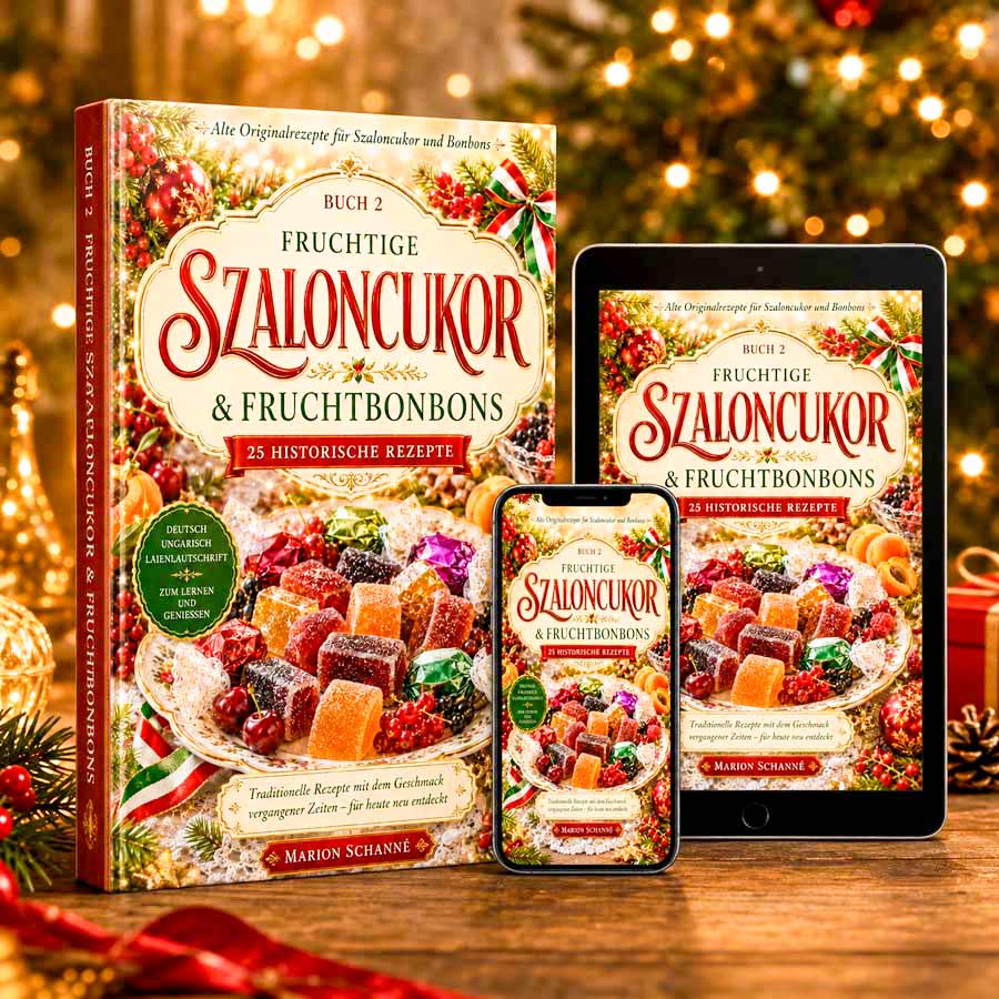 Fruchtige Szaloncukor & Fruchtbonbons – historisches Rezeptbuch mit 25 Rezepten, dargestellt als Buch, Tablet und Smartphone vor weihnachtlicher Kulisse.