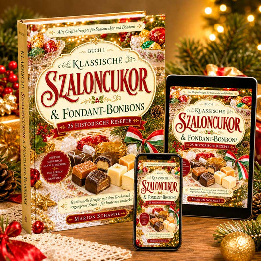 Klassische Szaloncukor und Fondant-Bonbons – Rezeptbuch mit 25 historischen Rezepten als Hardcover, Tablet und Smartphone in weihnachtlicher Atmosphäre.