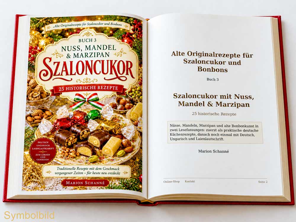 Szaloncukor mit Nuss, Mandel und Marzipan – aufgeschlagenes Rezeptbuch mit Titel- und Innenseite