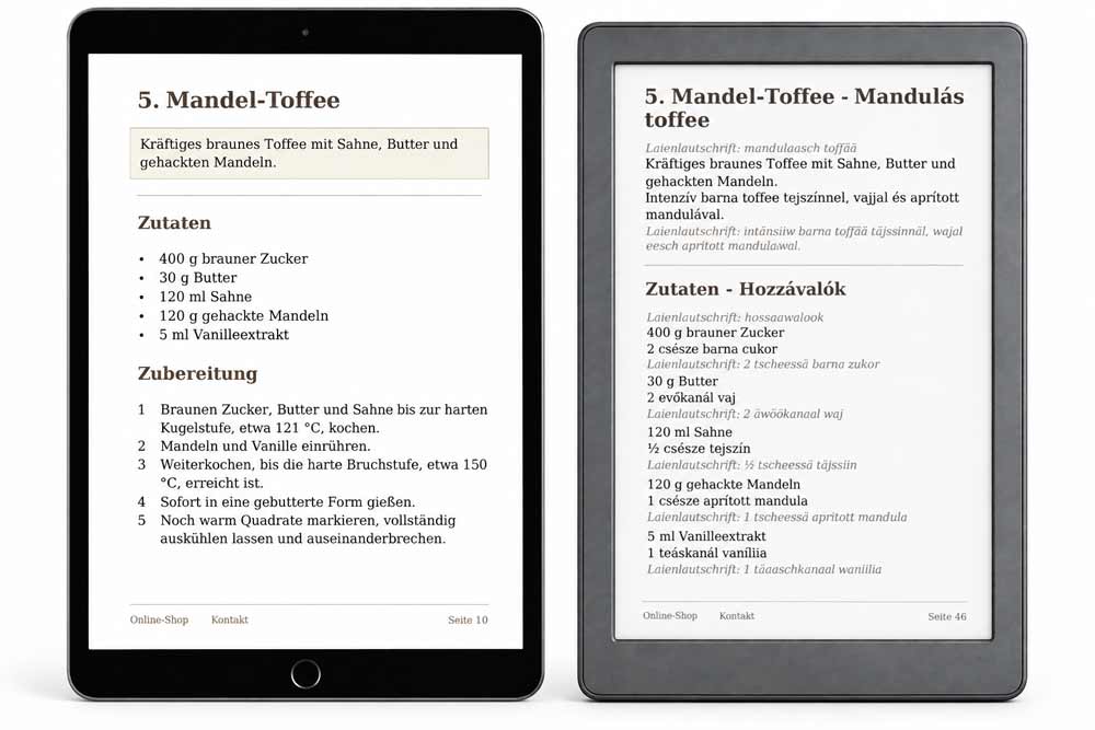 Szaloncukor mit Nuss, Mandel und Marzipan – deutsche und deutsch-ungarische Rezeptseite auf zwei Tablets