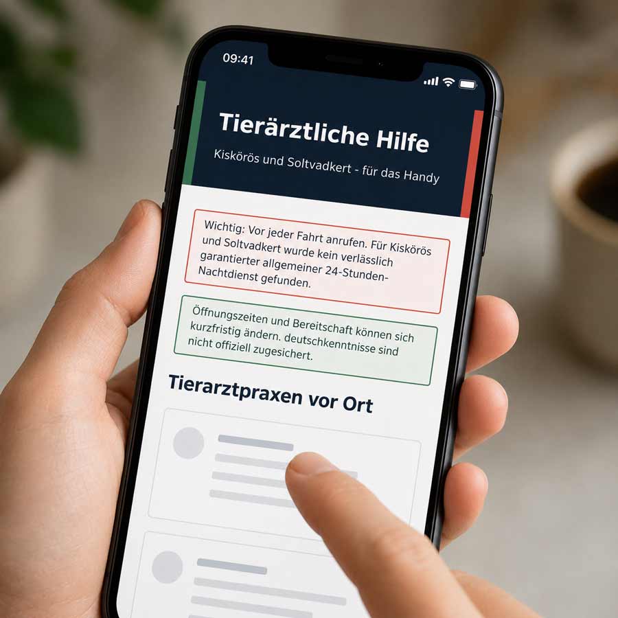 Handyfreundliches Tierarztverzeichnis für Kiskőrös, Soltvadkert und Umgebung mit Telefonnummern, Webseiten, Notfallhinweisen und Aussprachehilfe.