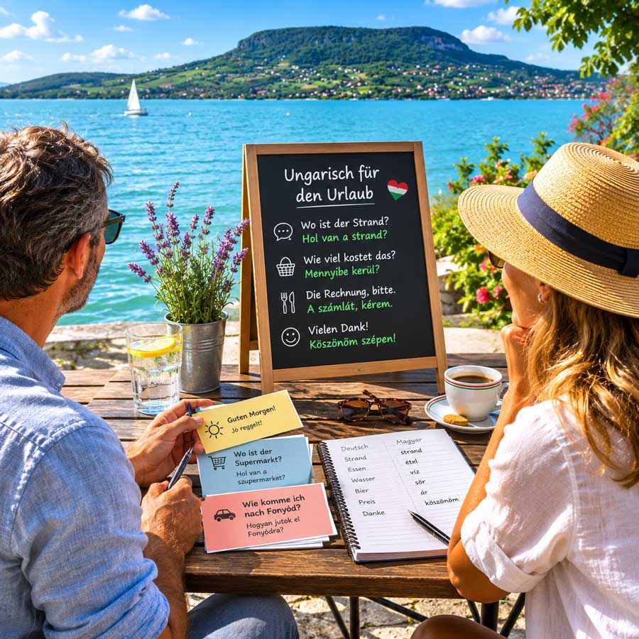 Deutschsprachige Urlauber lernen Ungarisch an einem Tisch am Balaton in Fonyod, mit Blick auf den See und praktischen Reisephrasen auf Deutsch und Ungarisch.