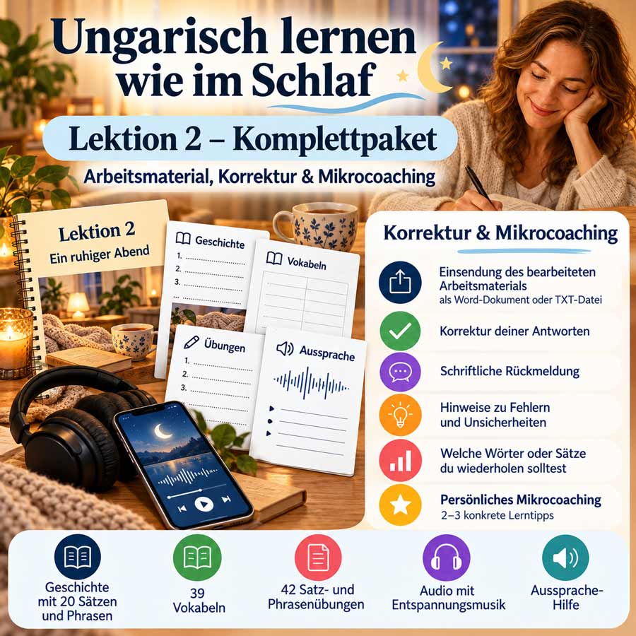 Ungarisch lernen im Schlaf Lektion 2 Komplettpaket mit Arbeitsmaterial, Korrektur, schriftlicher Rückmeldung, Mikrocoaching und Audio mit Entspannungsmusik