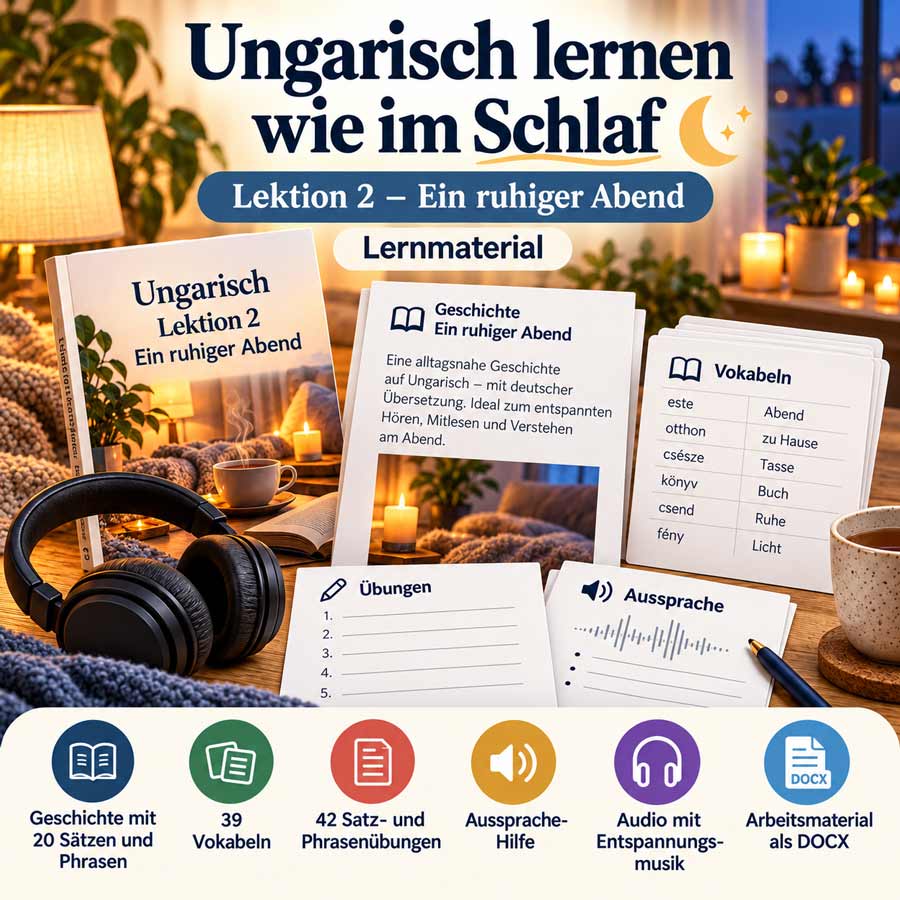 Ungarisch lernen im Schlaf Lektion 2 mit Geschichte, 39 Vokabeln, 42 Satz- und Phrasenübungen, Aussprache-Hilfe und Audio mit Entspannungsmusik