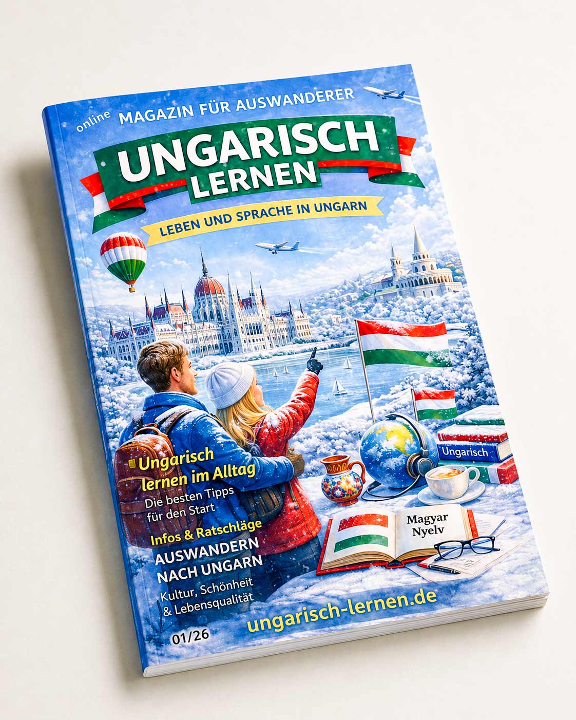 Digitales Magazin Ungarisch lernen, Ausgabe 01/26, als Papiermagazin-Mockup – Symbolbild, Lieferung erfolgt digital