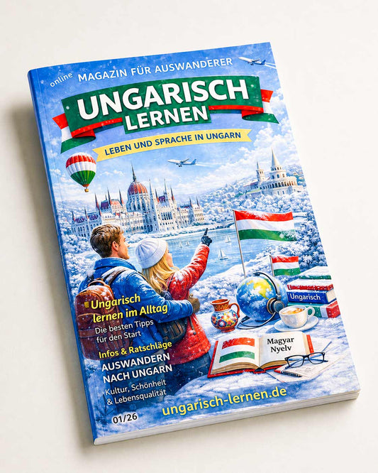 Digitales Magazin Ungarisch lernen, Ausgabe 01/26, als Papiermagazin-Mockup – Symbolbild, Lieferung erfolgt digital