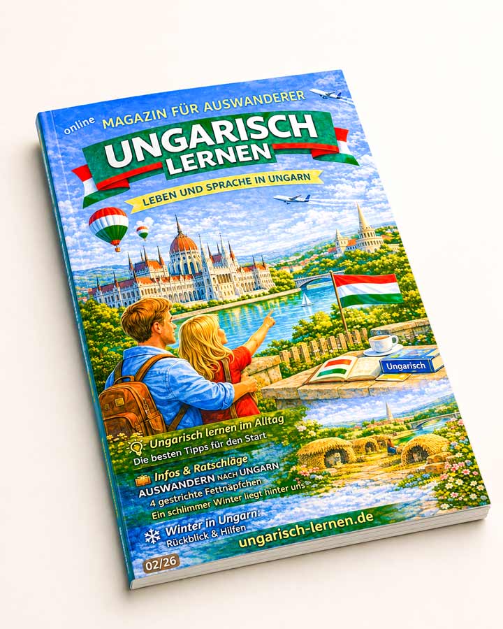 Digitales Magazin Ungarisch lernen, Ausgabe 02/26, als realistisches Papiermagazin-Mockup – kein Printprodukt