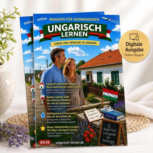 Quadratisches Titelbild des Online-Magazins „Ungarisch lernen – Leben und Sprache in Ungarn“, Ausgabe 04/26, als Papiermagazin-Mockup mit Themen zu Hauskauf, Balaton-Sommer, Niedrigwasser, Selbstständigkeit und ungarischen Lernspielen.