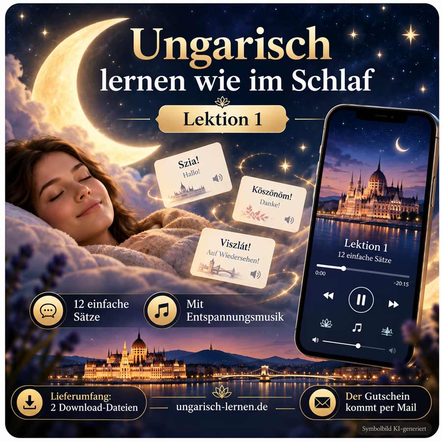 Ungarisch lernen wie im Schlaf Lernpaket Lektion 1 digitales Produktbild fuer Anfaenger mit Audio mit Entspannungsmusik Begleitblatt Arbeitsblatt und Gutschein per Mail 