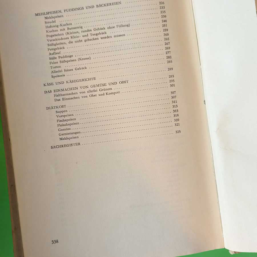 József Venesz Ungarische Kochkunst 1959 – Teil des Inhaltsverzeichnis des antiquarischen Kochbuchs