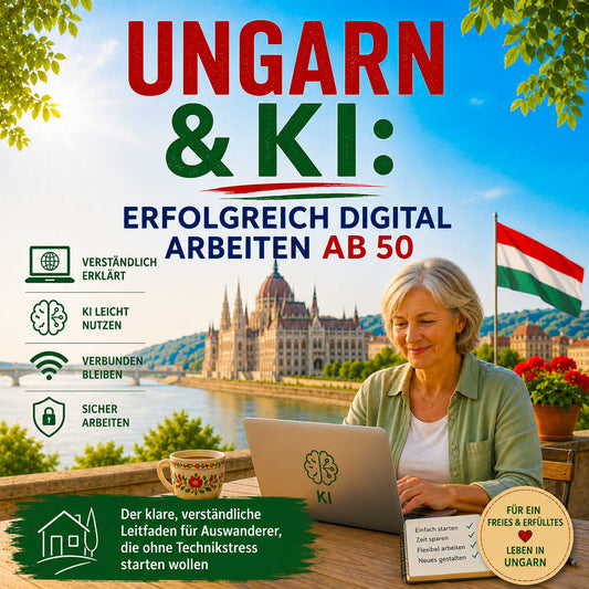 Frau arbeitet in Ungarn am Laptop mit KI, im Hintergrund Donau, Parlament und ungarische Flagge – digital arbeiten ab 50 verständlich erklärt.