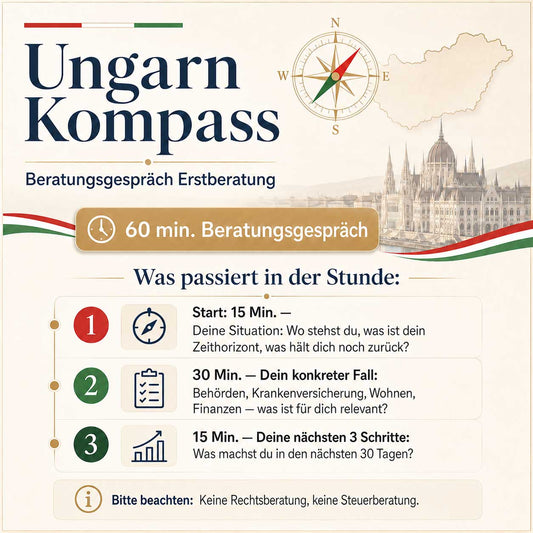 Ungarn Kompass Erstberatung 60 Minuten Beratungsgespräch für deutschsprachige Auswanderer mit Themen zu Behörden Krankenversicherung Wohnen Finanzen und nächsten Schritten