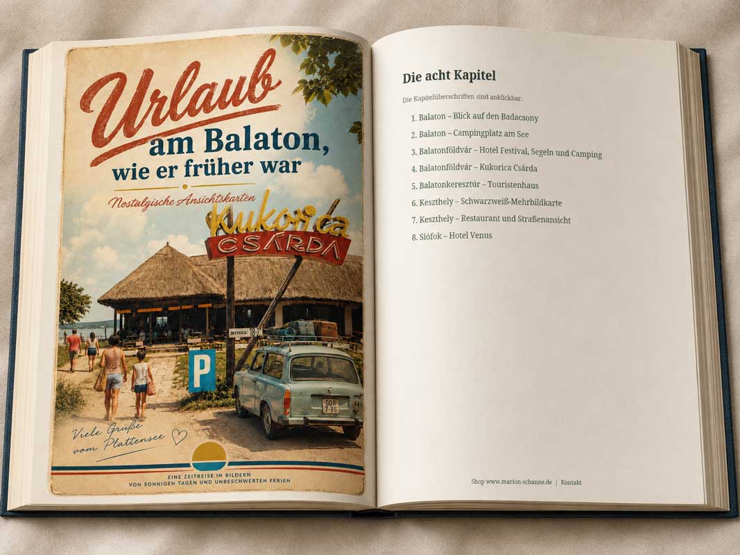 Aufgeschlagenes E-Book Urlaub am Balaton wie er früher war mit nostalgischem Titelbild und Übersicht der acht Kapitel
