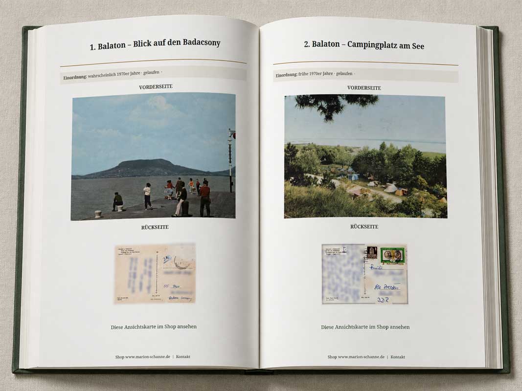Aufgeschlagenes E-Book Urlaub am Balaton mit historischen Ansichtskarten vom Badacsony und einem Campingplatz am Balaton